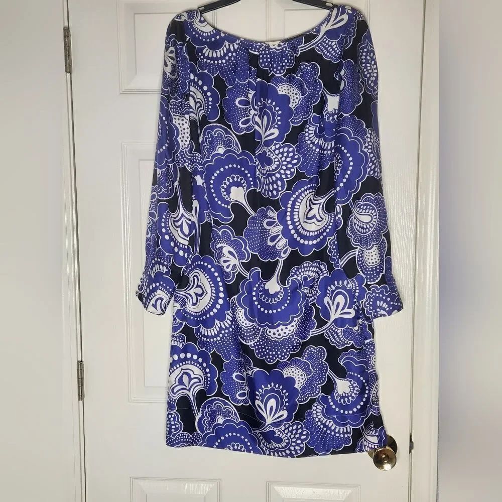 Banana Republic 10 BlueWhite LngSlv PaisleyPrint 100% SILK KneeLength WomenDress